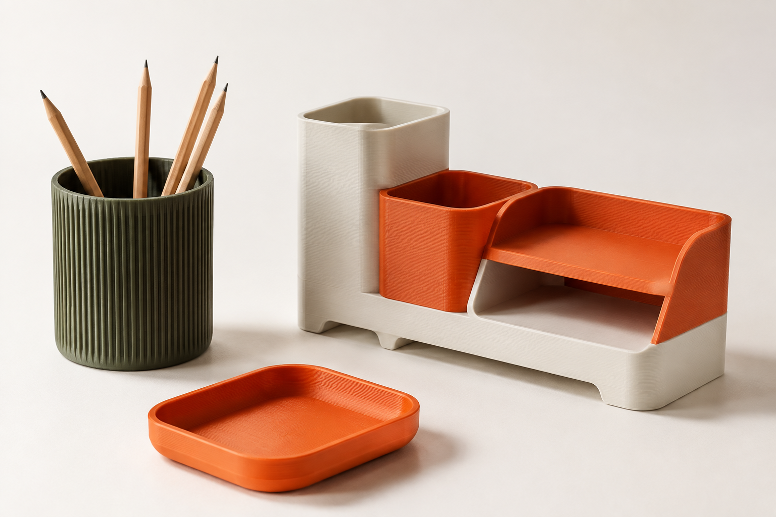 Illustrative 3D-gedruckte Schreibtischprodukte in Orange, Weiß und Olivgrün