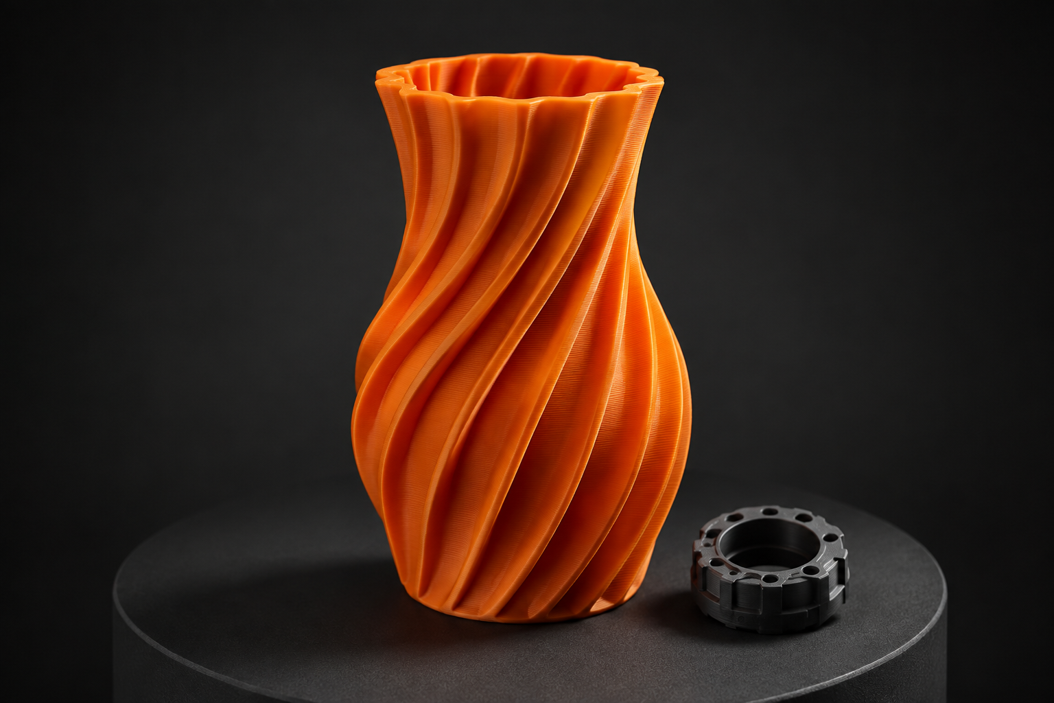 Illustratives Designbeispiel: orangefarbene 3D-Druck-Vase und graphitfarbenes Bauteil