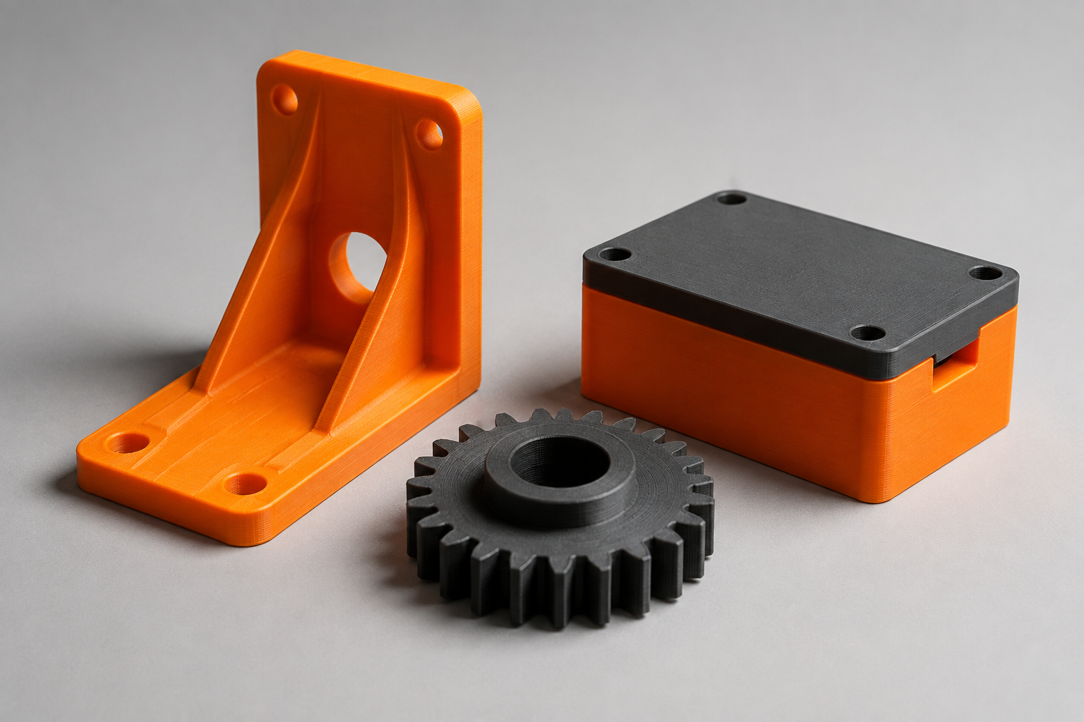 Illustrative 3D-Druck-Funktionsteile: Halterung, Zahnrad und Gehäuse